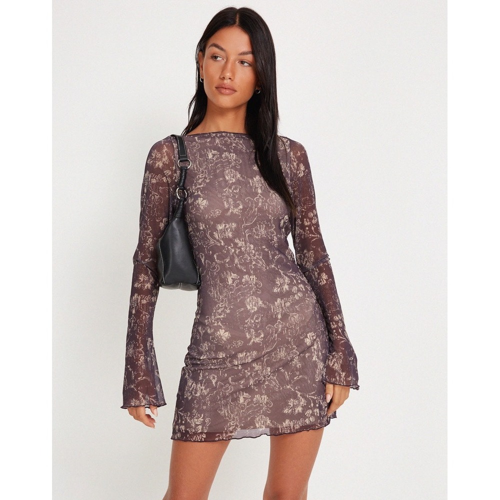 MOTEL Mini Dress Womens XS Brown Mesh Long Sleeve Coquette Fairy Party Y2K